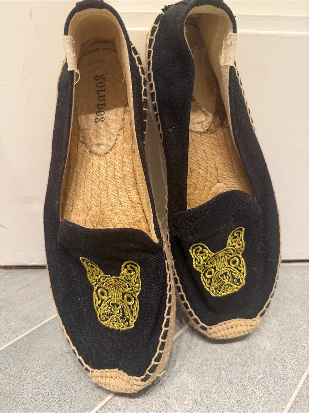 Soludos Black Espadrilles with Yellow Embroidered Dog Motif